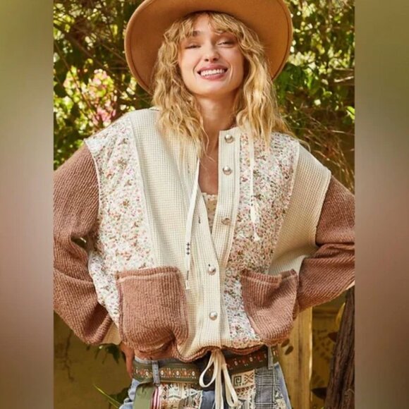 23. POL Floral Patchwork Jacket - Cream and Brown - Picture 1 of 16